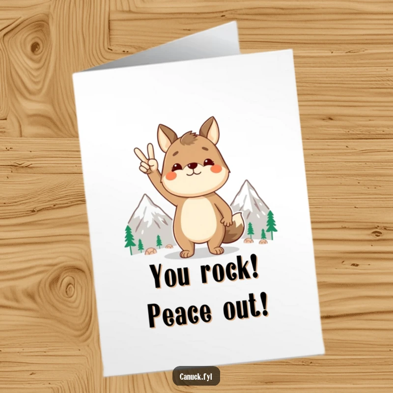 Funny Free Printable Congrats Card: Proud animal character gives peace sign near mountains, celebrating harmony.