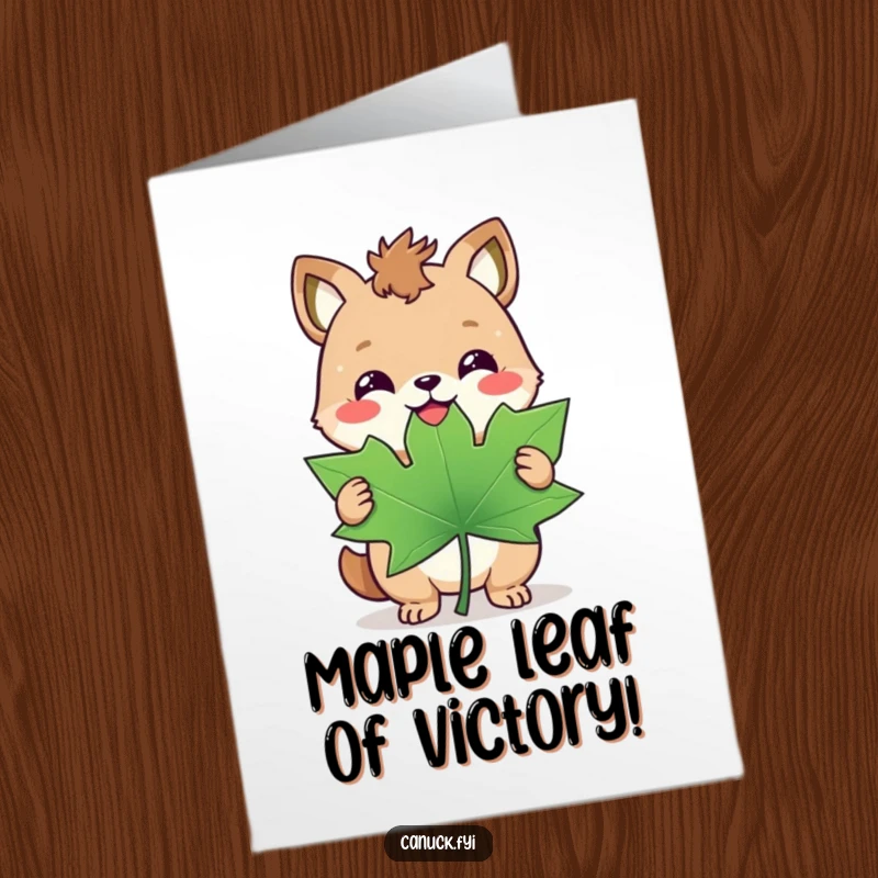 Free Printable Congratulations Card: A triumphant animal with a smirk holds a giant maple leaf, celebrating your amazing victory.