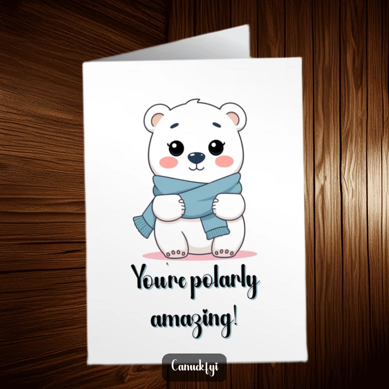 Funny Free Printable Congratulations Card: A cheerful polar bear in a scarf giving a heartwarming hug.