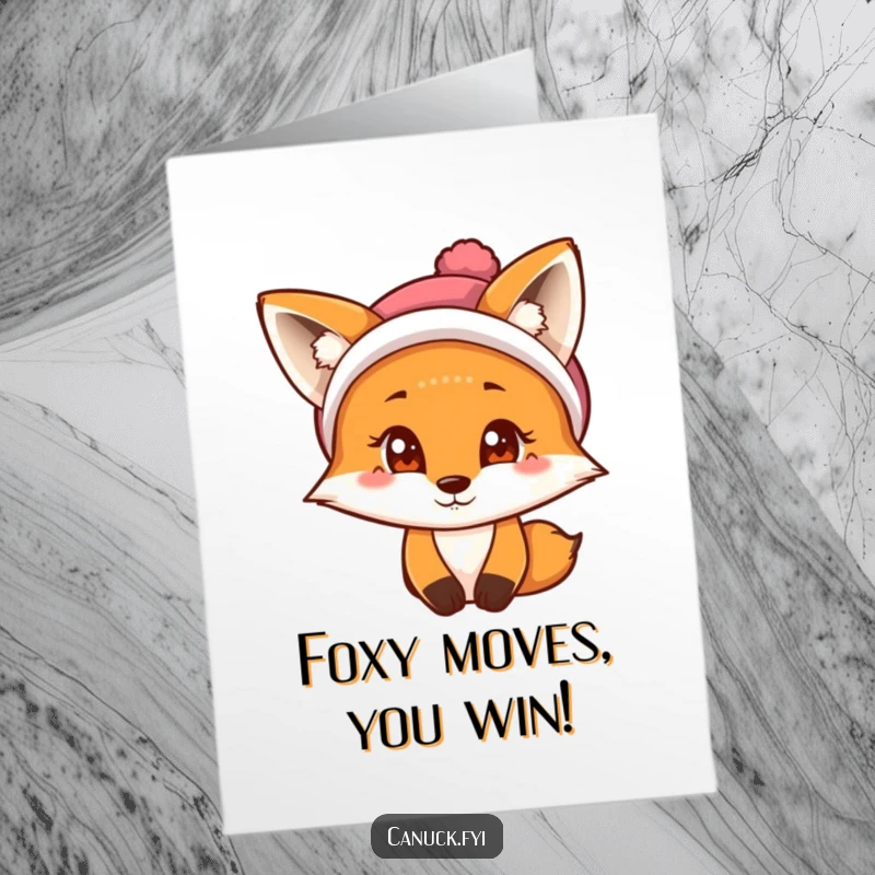 Funny Free Printable Congratulations Card: A curious fox wearing a tuque, giving a knowing wink for a successful milestone.