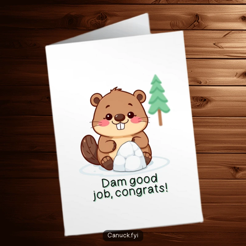 Funny Free Printable Congratulations Card: A smiling beaver works hard on a miniature igloo, a symbol of effort.
