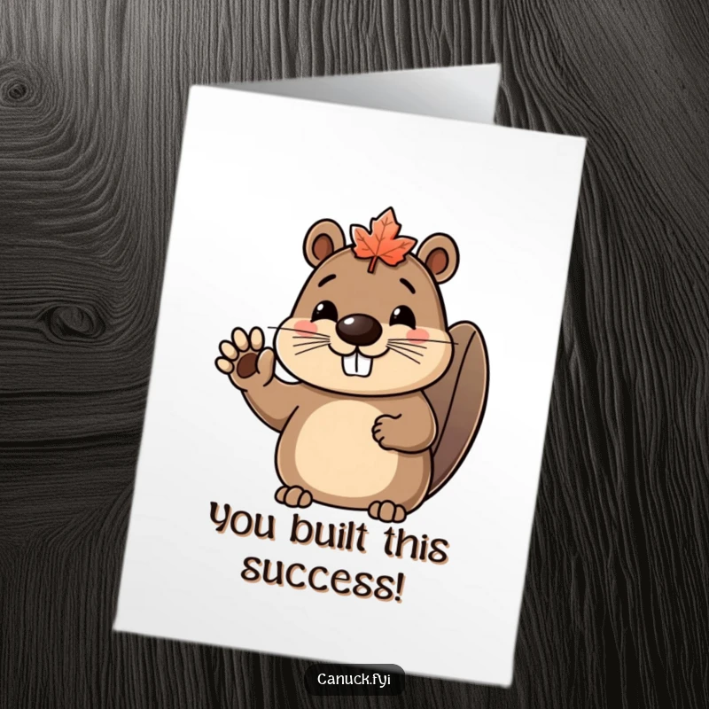 Funny free printable congratulations card featuring an excited beaver sporting a tiny maple leaf hat and waving with great zeal.