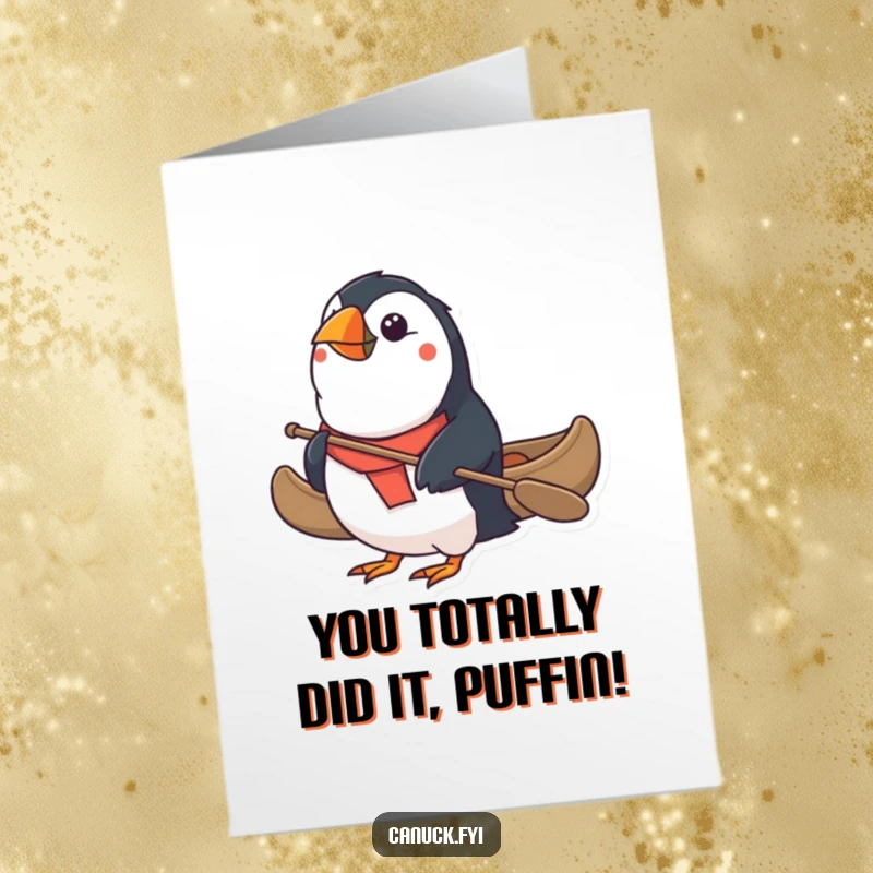 Funny Free Printable Congratulations Card: Determined puffin navigates canoe, celebrating your big win, a quirky downloadable present.