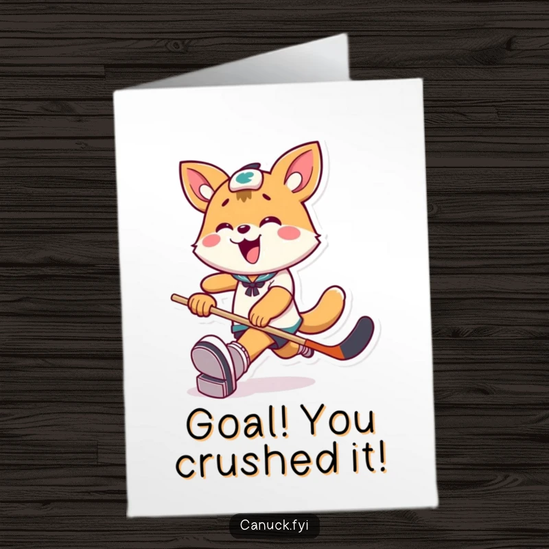 Funny Free Printable Congratulations Card: Joyful animal kicks a puck with exaggerated glee, a perfect DIY gift.