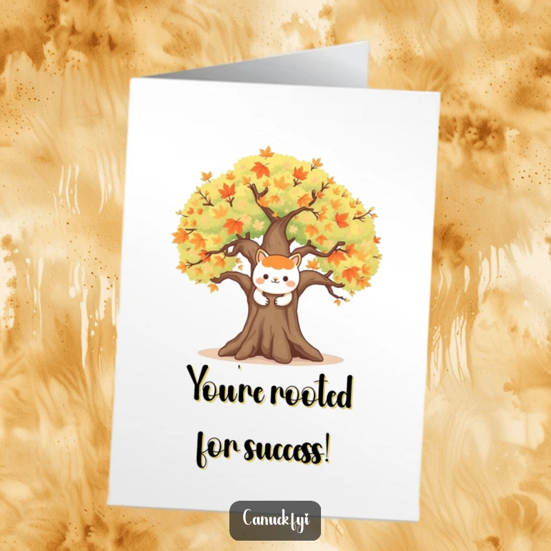 Funny Free Printable Congrats Card: Happy animal character embracing a large, symbolic maple tree, signifying growth and connection. Downloadable DIY.