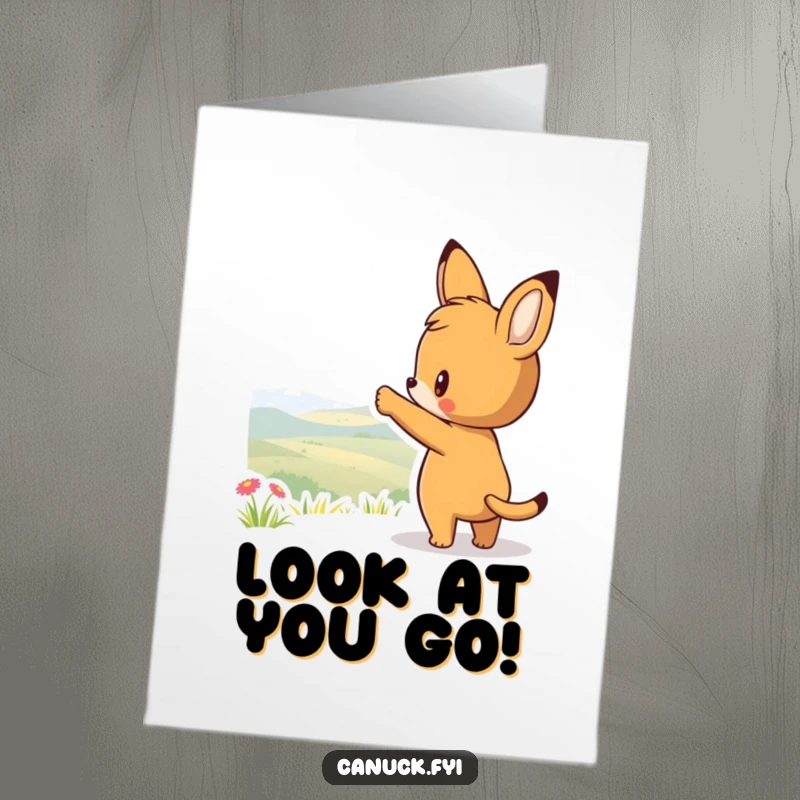Funny Free Printable Card: Curious animal points towards a distant, scenic view, symbolizing new opportunities and a breathtaking path ahead.