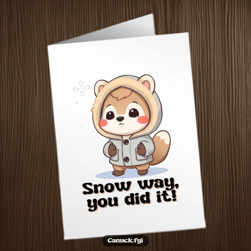 Funny Free Printable Congratulations Card: Curious animal in a parka marvels at a snowflake, a great DIY gift.