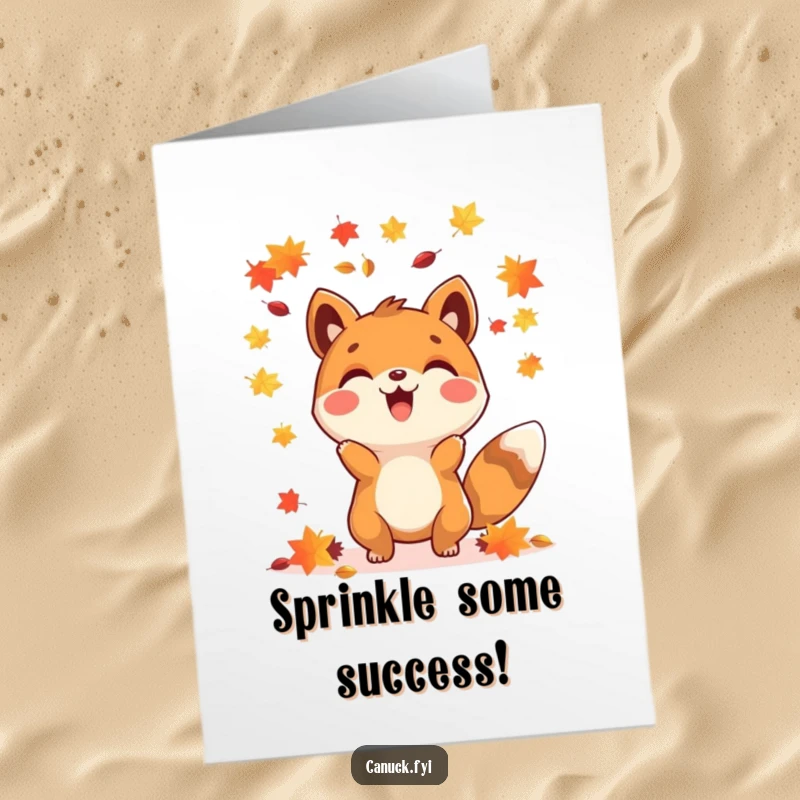 Funny Free Printable Congratulations Card: Happy animal character throwing colorful maple seeds, symbolizing growth and achievement.