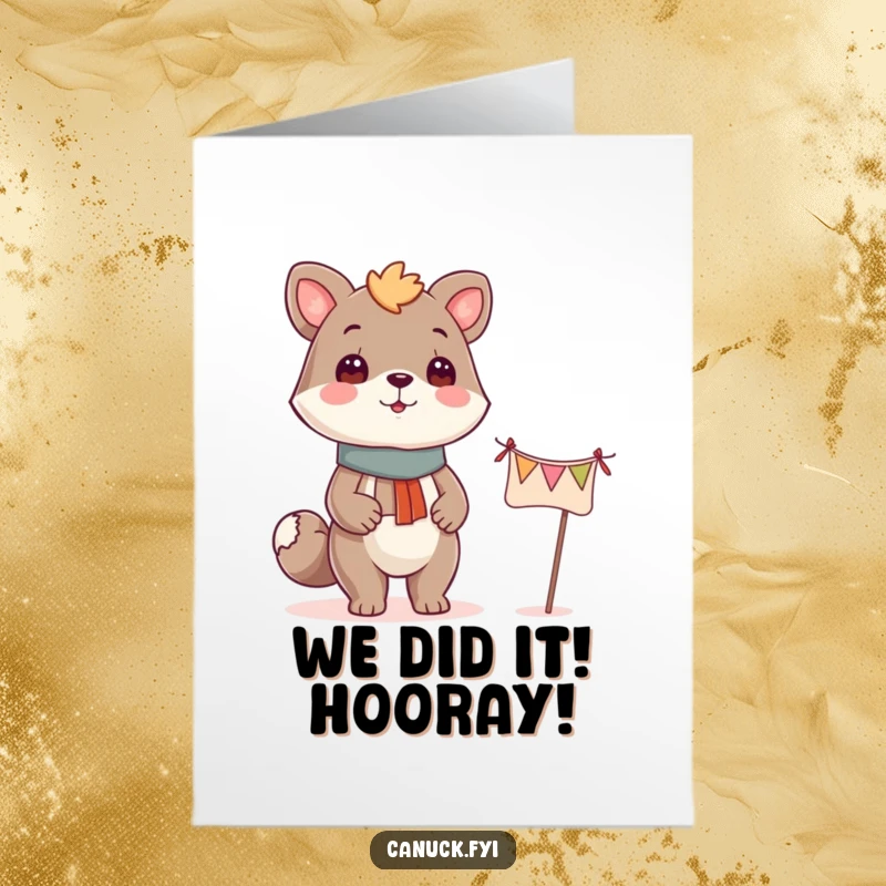 Funny Free Printable Congratulations Card: Proud animal character beside a tiny festive banner, celebrating a major achievement.