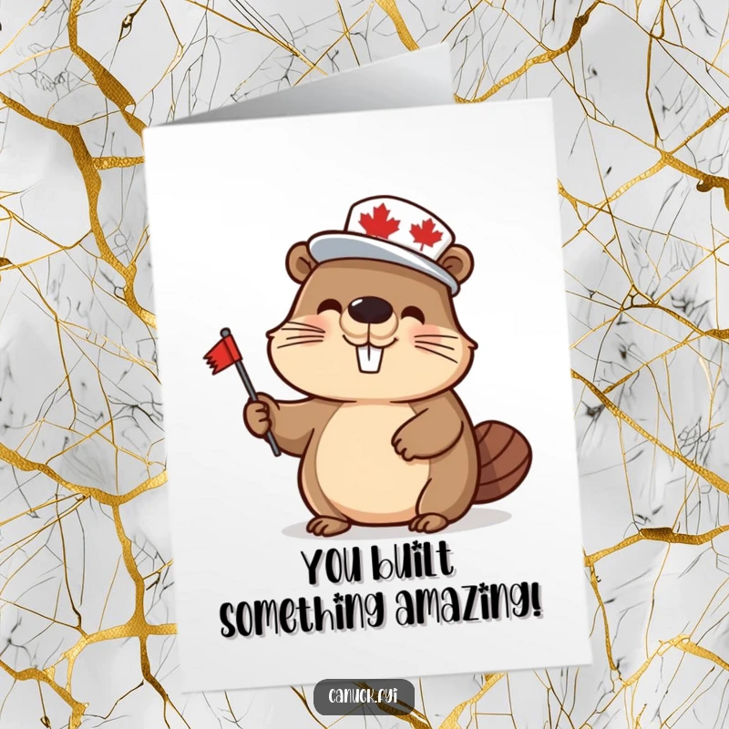 Funny Free Printable Congratulations Card: Happy beaver character waving a flag, wearing a maple leaf hat, downloadable gift.