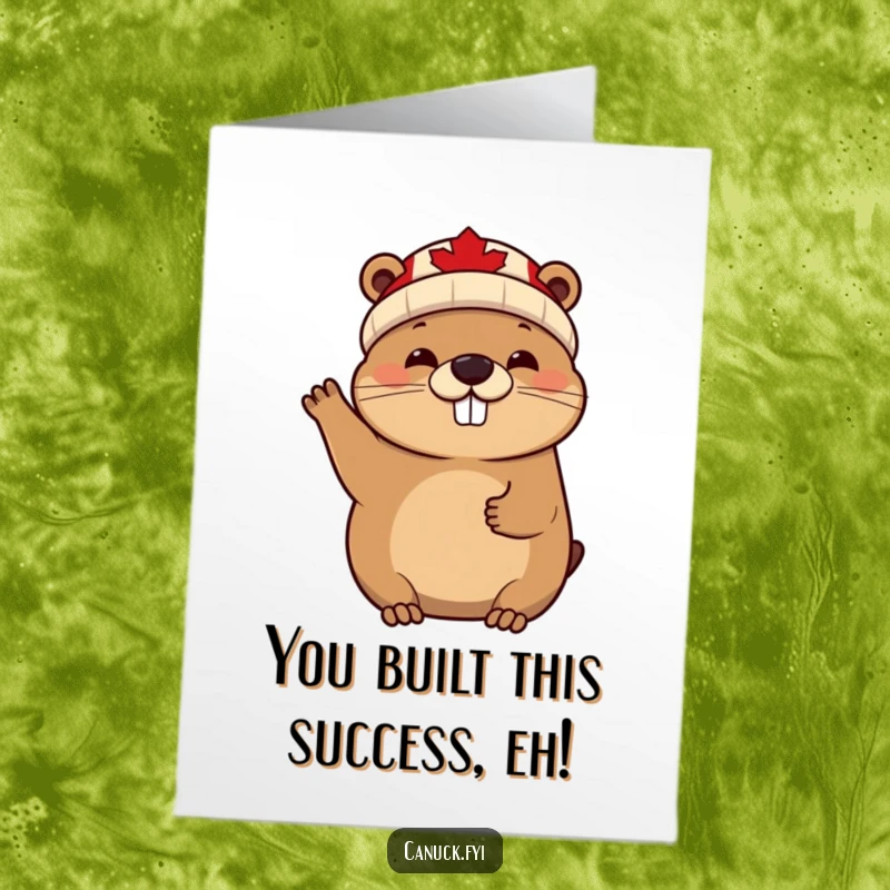 Funny Free Printable Congrats Card: Cheerful beaver in maple leaf beanie waves enthusiastically to congratulate.