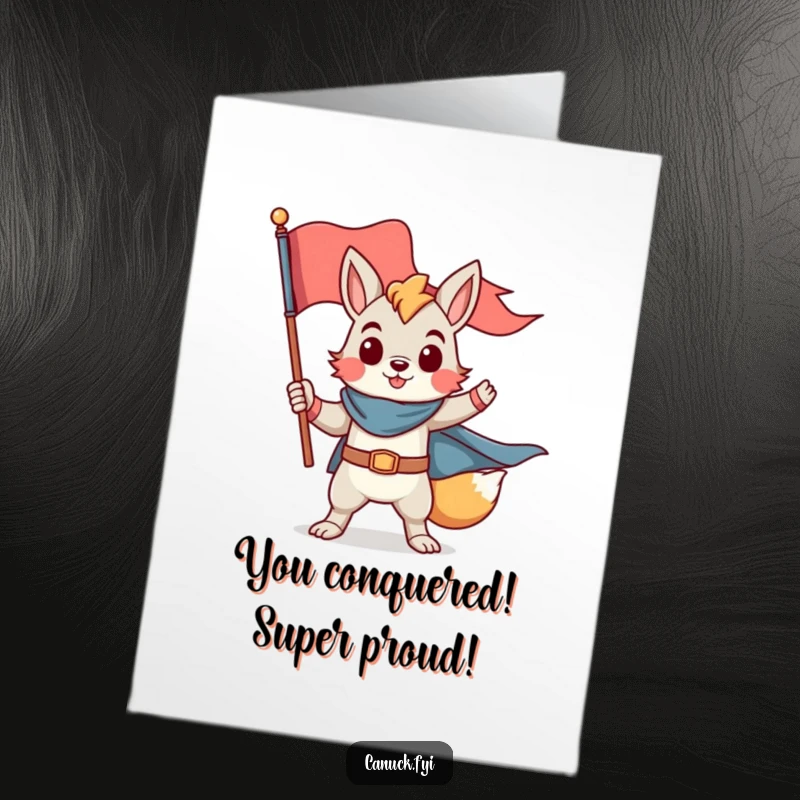 Funny Free Printable congratulations card showing a proud animal character striking a heroic pose holding a flag, celebrating triumph.