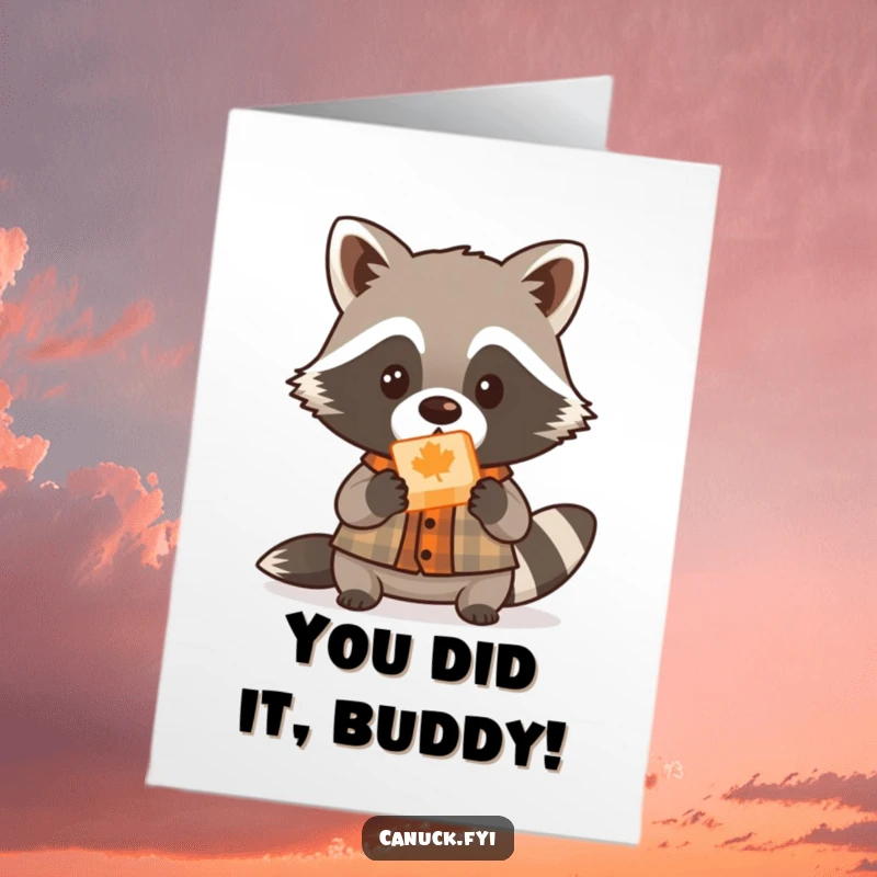 Funny Free Printable Congrats Card: A cute raccoon wearing a small lumberjack shirt offers a piece of maple candy, a sweet downloadable gift.