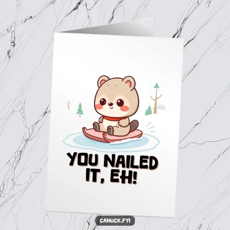 Funny Free Printable Congratulations Card: Energetic Canadian beaver gracefully sliding on a frozen pond, celebrating a win.