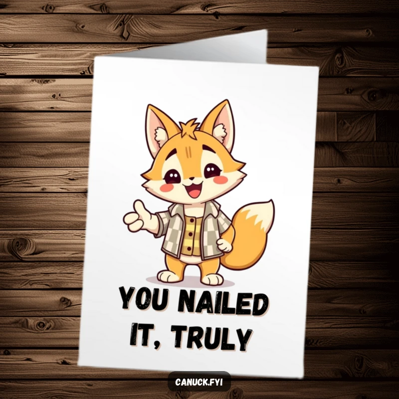 Funny Free Printable Congratulations Card: A delighted lynx wearing a checkered shirt offering a handshake.