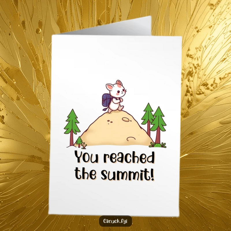 Funny Free Printable Congratulations Card, a creature with a backpack celebrating reaching a hill's peak, signifying achievement and joy.