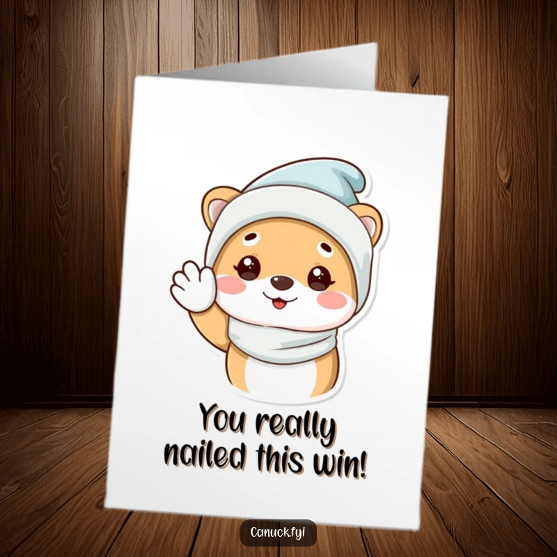 Funny free printable congratulations card of an animal in a cozy winter hat giving a happy wave, celebrating success with wintery joy.