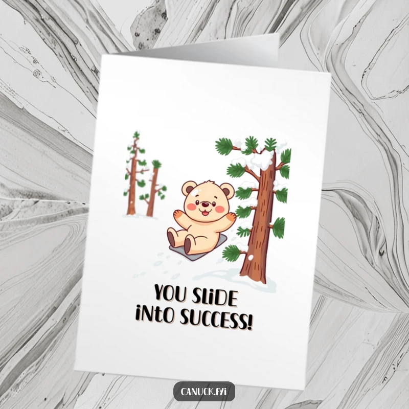 Funny free printable congratulations card showing a happy bear cub joyfully sliding down a snow-covered pine tree with a big smile.