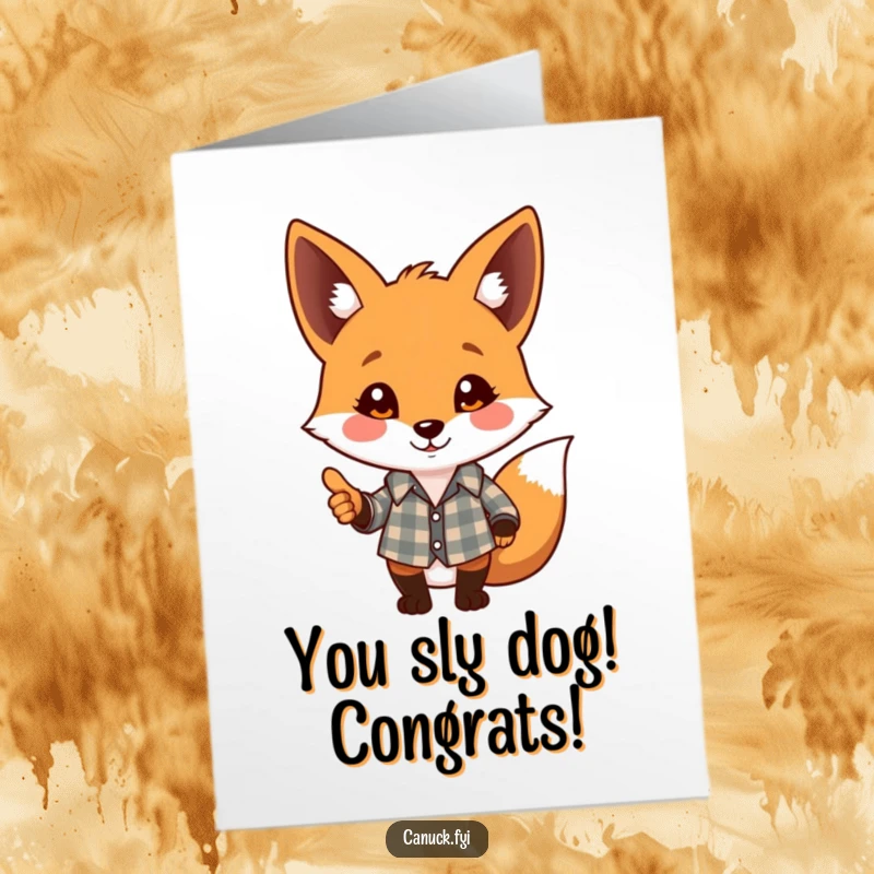 Funny Free Printable congratulations card with a playful fox in a plaid shirt nodding hello, celebrating achievements.