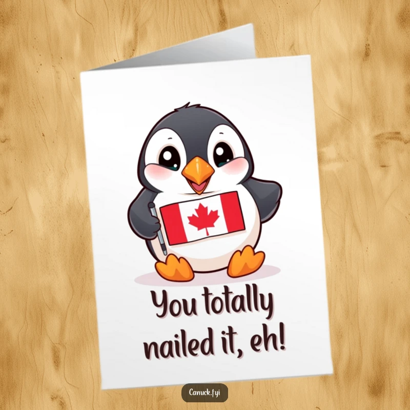 Funny Free Printable Congratulations Card: Playful puffin holding a Canadian flag, cheering loudly for a special achievement.