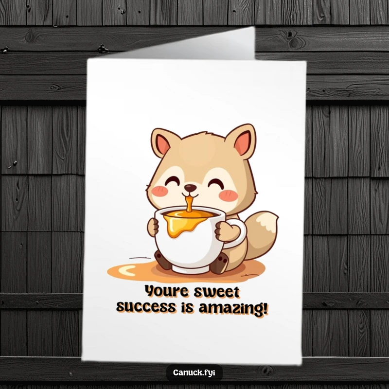 Funny Free Printable Congratulations Card: A stylized animal warmly presents a cup of steaming maple syrup to celebrate your incredible success.