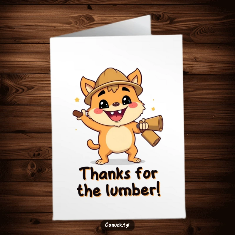 Funny Free Printable Thank You Card: Creature with enthusiastic grin doing a cheerful lumberjack chop, expressing thanks with energy. Downloadable DIY.