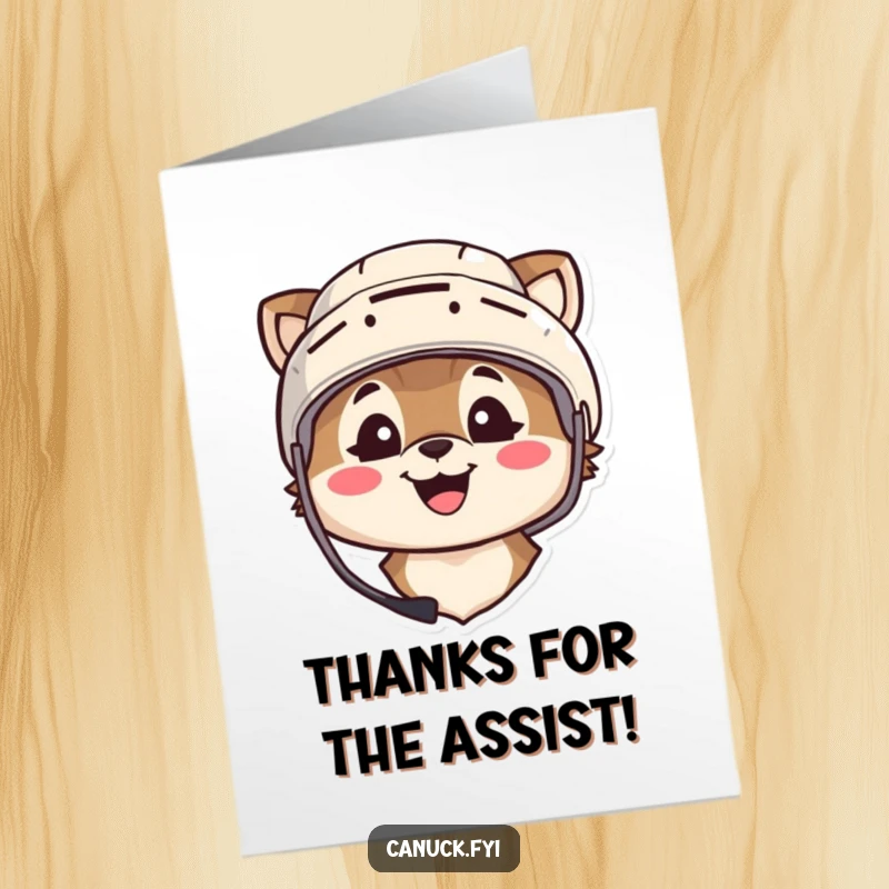 Funny Free Printable Thank You Card: Animal in hockey helmet smiling broadly, expressing thanks with a sporty grin. Downloadable DIY.