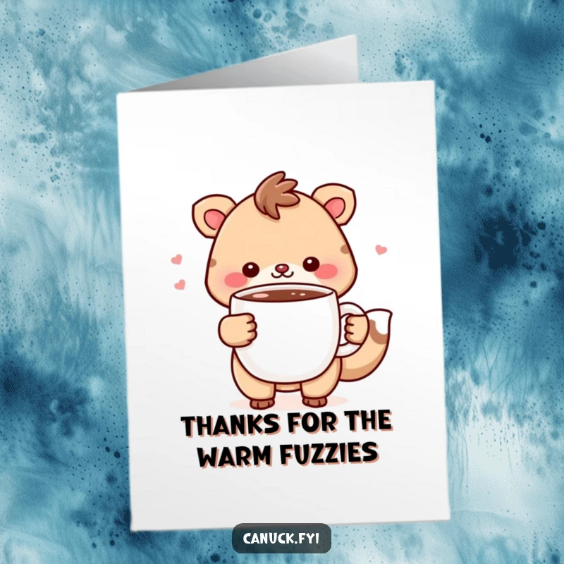 Funny Free Printable Thank You Card: Cheerful animal holding a mug of hot chocolate, a perfect printable gift.