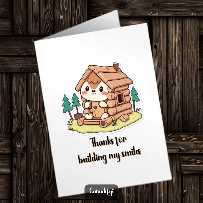 Funny Free Printable Thank You Card: Stylized animal hilariously builds a mini log cabin, a perfect printable gift.
