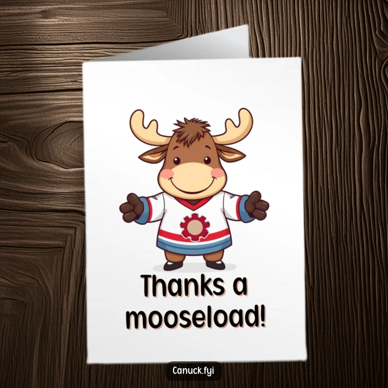 Funny Free Printable Thank You Card: A moose hilariously attempting to wear a hockey jersey, looking very pleased.