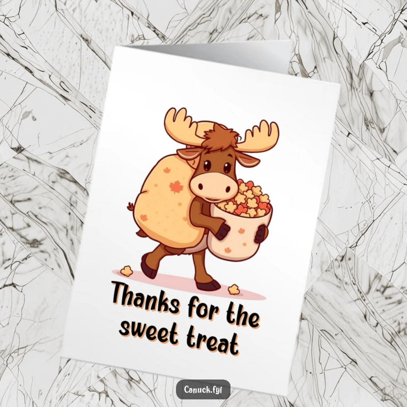 Funny Free Printable Thank You Card: A moose clumsily carries a big bag of delicious maple candies.