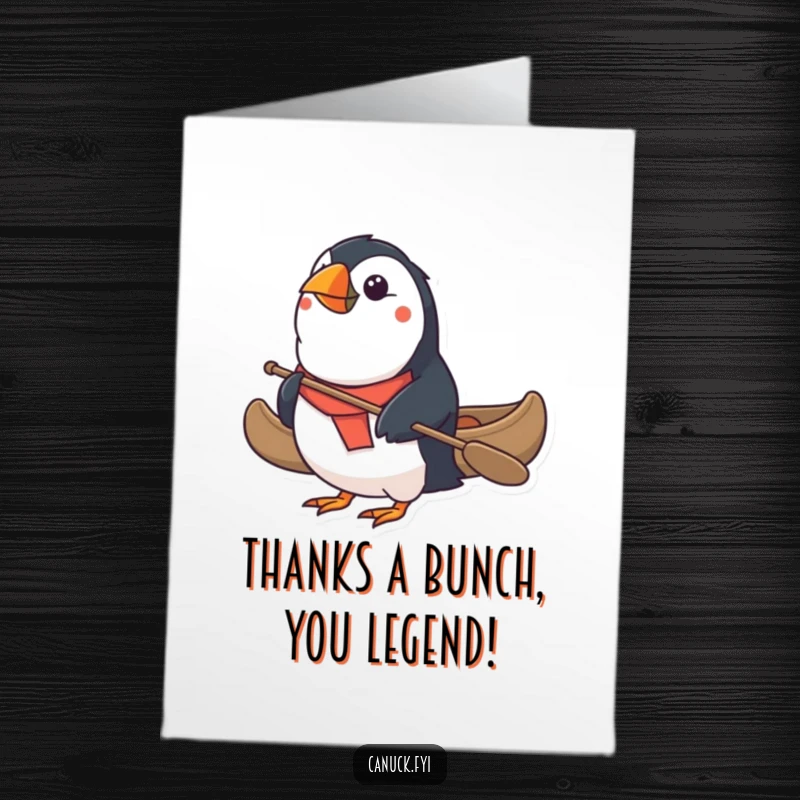 Funny Free Printable Thank You Card: Determined puffin rows canoe, expressing gratitude with a smile, a thoughtful downloadable token.