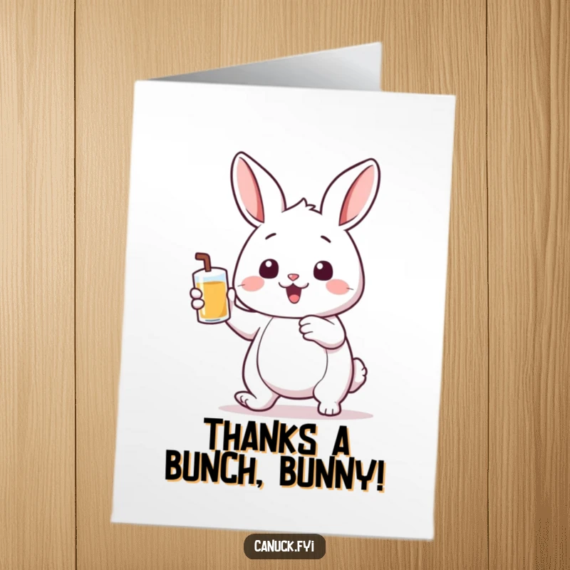 Funny Free Printable Thank You Card: Bouncing rabbit with big ears holding a pint cup, expressing thanks for a favor.