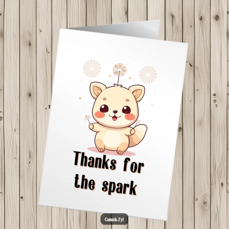 Funny Free Printable Thank You Card: A cheerful animal pops tiny fireworks, expressing thanks with a bright and celebratory flair.