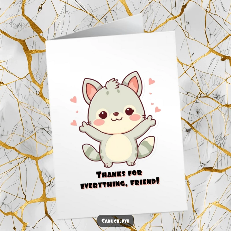 Funny Free Printable Thank You Card: Cute animal character sharing a celebratory gesture, expressing thanks with infectious enthusiasm.