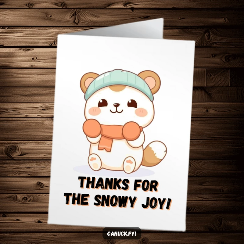 Funny Free Printable Thank You Card: An endearing animal wearing mittens joyfully catches snowflakes as a unique way to say thanks.