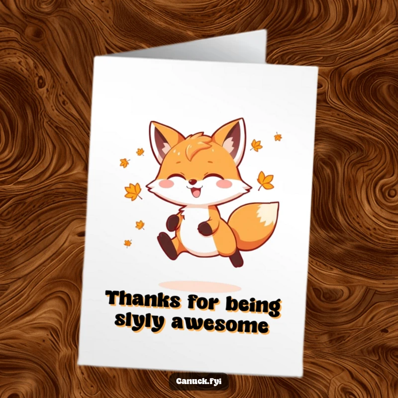 Funny Free Printable Thank You Card where a playful fox decorated with maple leaves does a joyful leap to express thanks.