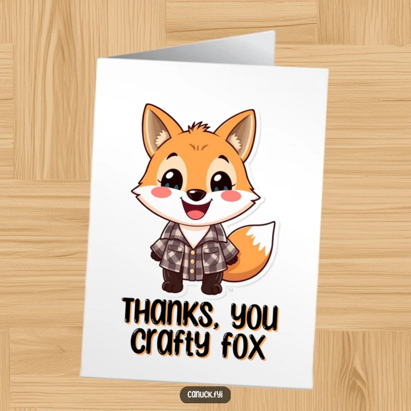 Funny Free Printable Thank You Card: A playful fox in a lumberjack shirt grins widely, expressing thanks.