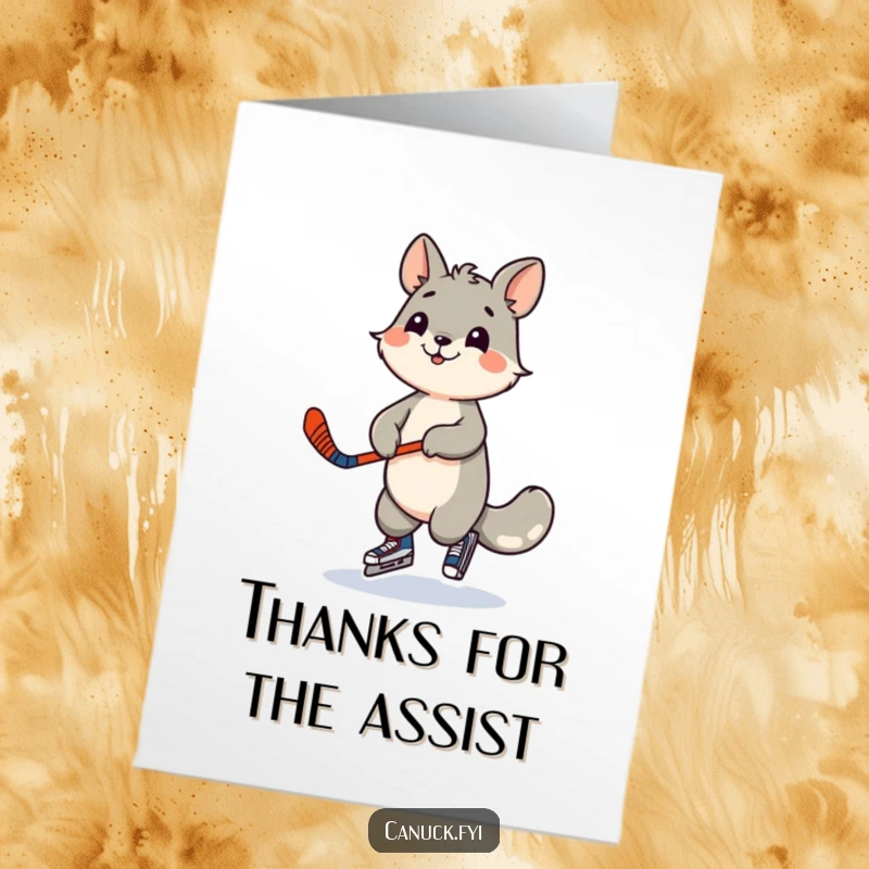Funny Free Printable Thank You Card: Playful animal dances with a miniature hockey stick, expressing thanks with athletic fun.