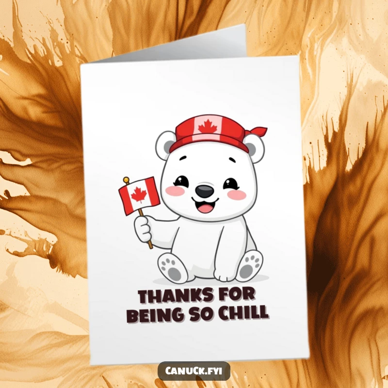 Funny Free Printable Thank You Card where a polar bear proudly holds a miniature Canadian flag and smiles, conveying thanks.