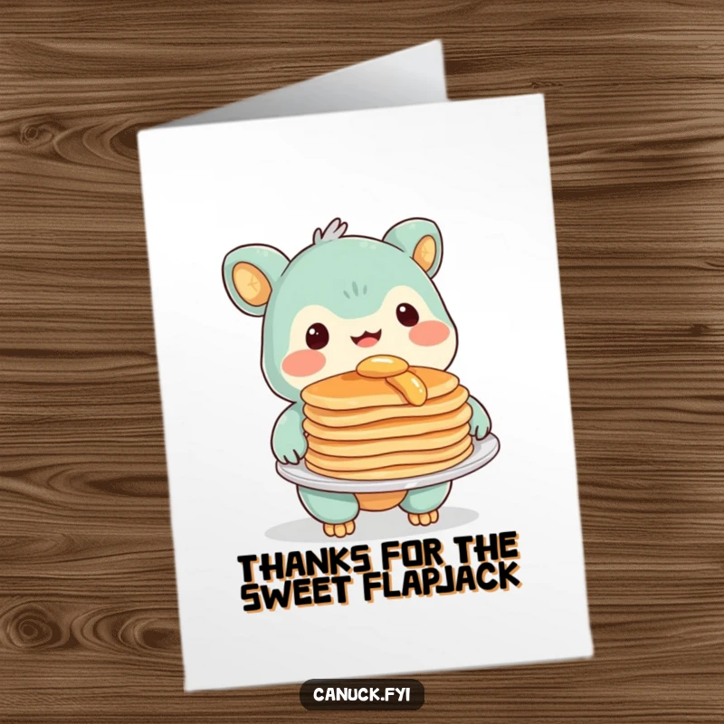 Funny free printable thank you card of a creature with a warm smile offering a mouth-watering plate of pancakes, expressing heartfelt gratitude.