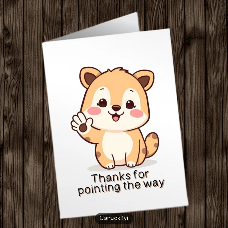 Funny Free Printable Thank You Card showing a friendly animal waving and pointing north, signifying gratitude and direction.