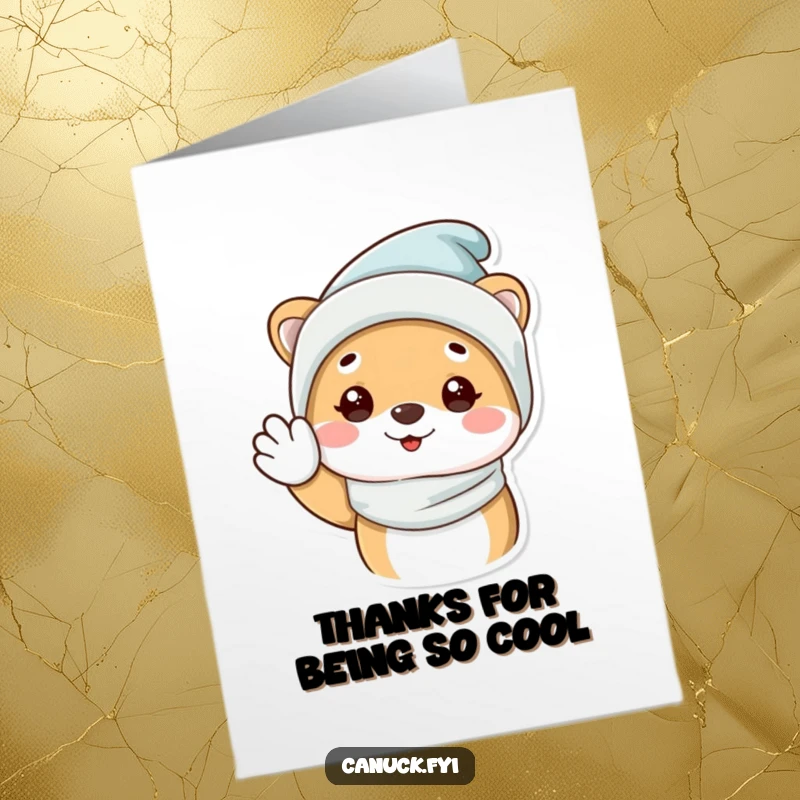 Funny free printable thank you card of an animal in a cozy winter hat giving a happy wave, sending warm thanks from the cold.