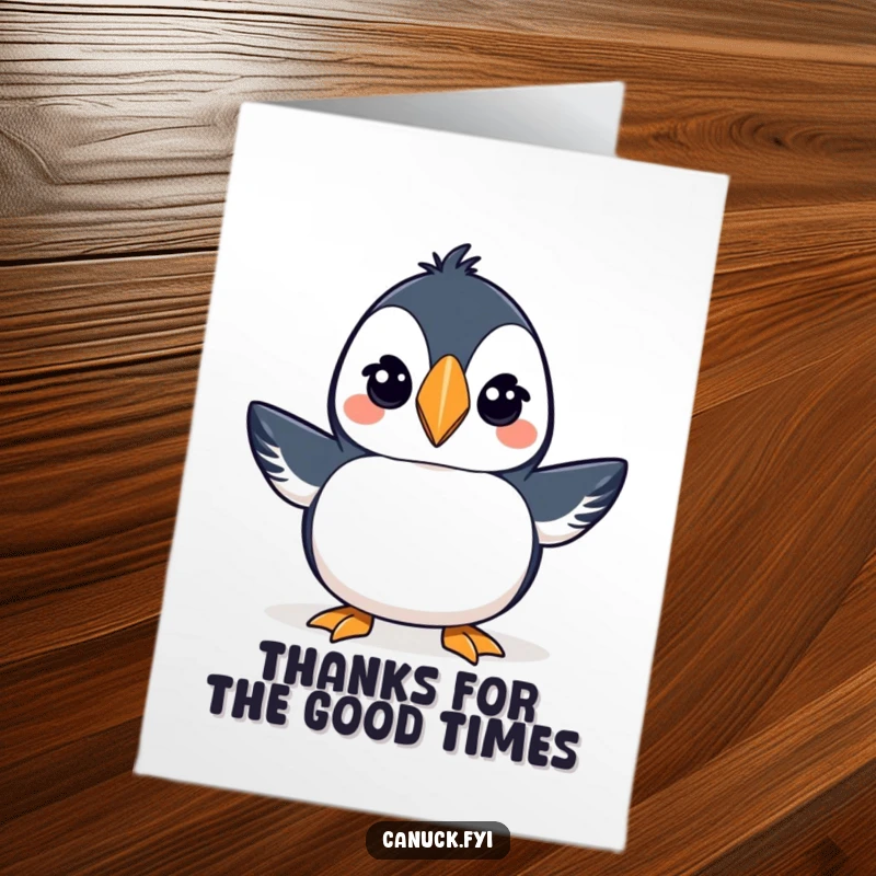 Funny Free Printable Thank You Card: A proud puffin donning a small toque, giving a knowing wink.