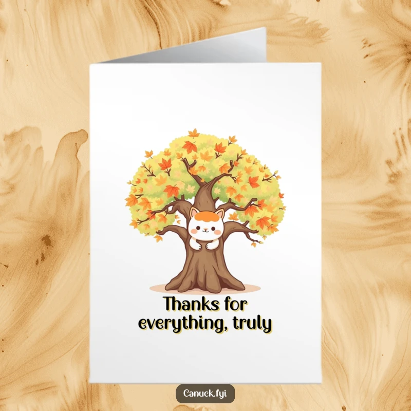 Funny Free Printable Thank You Card: Happy animal character embracing a large, symbolic maple tree, expressing deep gratitude. Downloadable DIY.