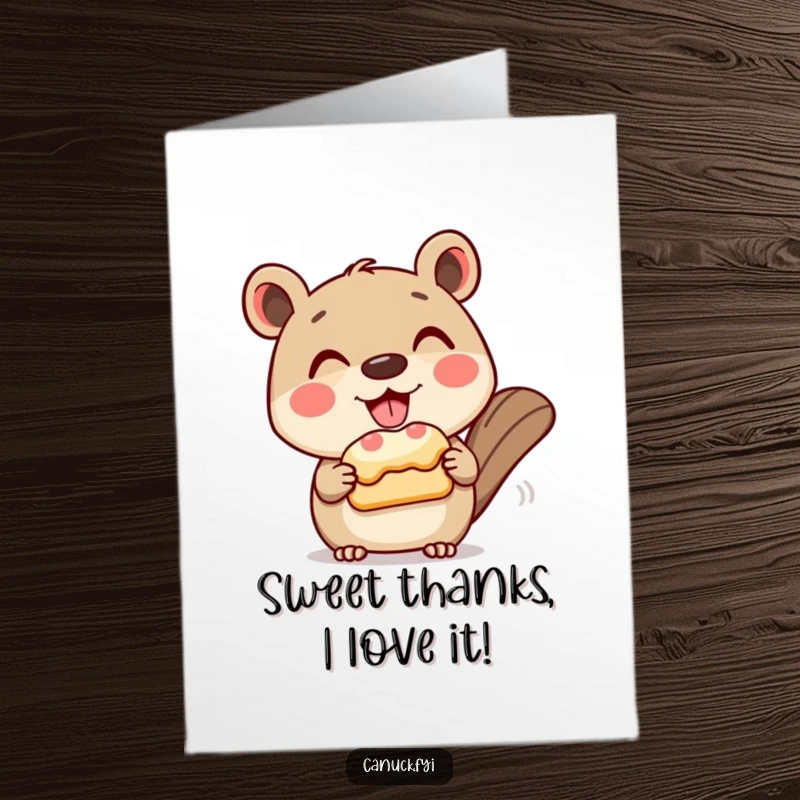 Funny Free Printable Thank You Card: A grinning animal character presents a beaver tail pastry with polite charm.