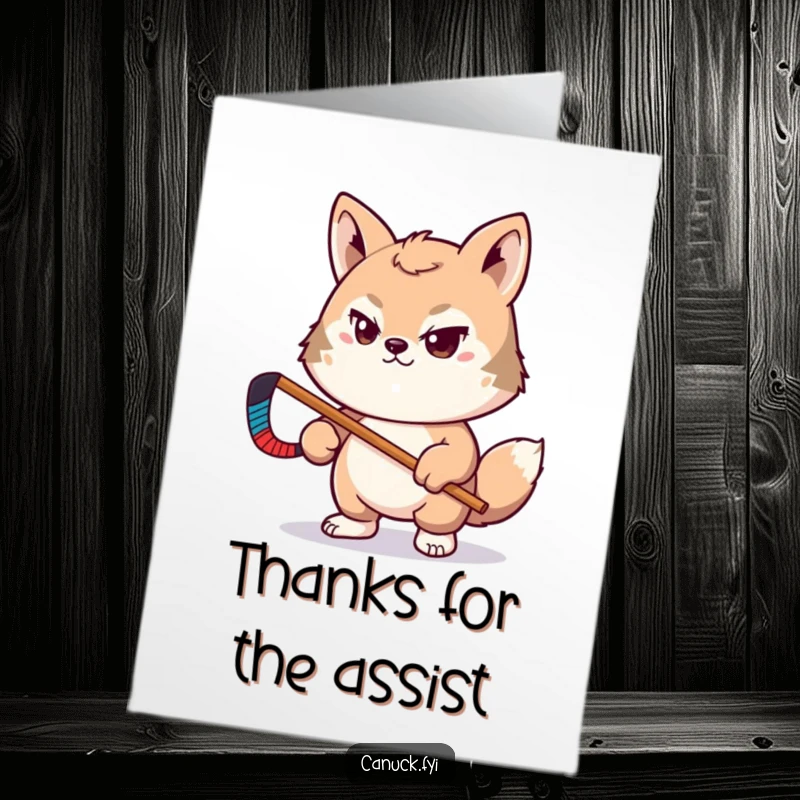Funny Free Printable thank you card with a determined animal holding a miniature hockey stick, showing gratitude with a sporty flair.