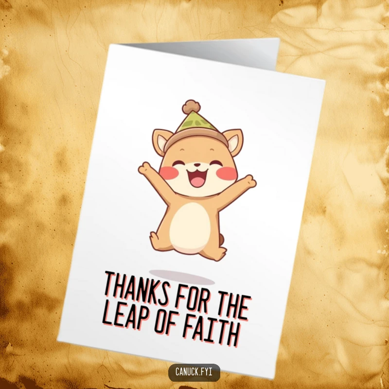 Funny Free Printable Thank You Card: Happy animal wearing a toque leaps joyfully, expressing thanks with a silly, memorable gesture.