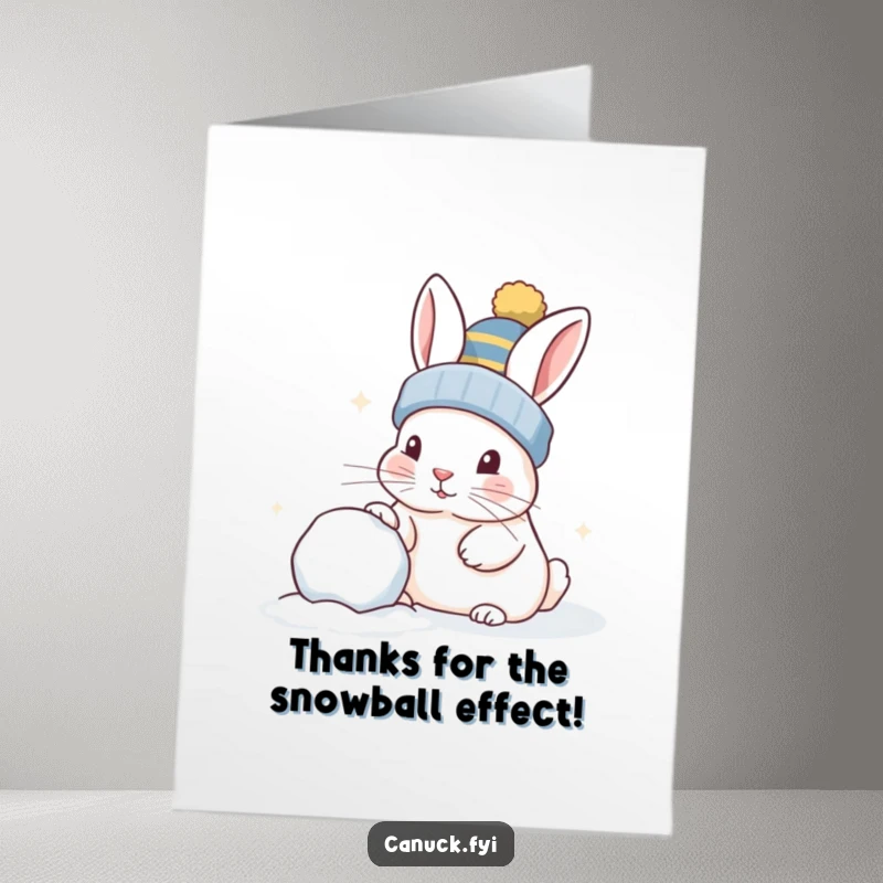 Funny Free Printable Thank You Card: Curious rabbit in toque nudging a snowball, expressing thanks, downloadable greeting.