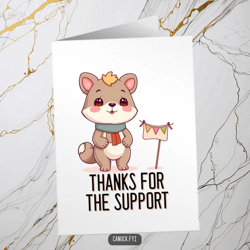 Funny Free Printable Thank You Card: Proud animal character standing by a festive banner, showing gratitude.